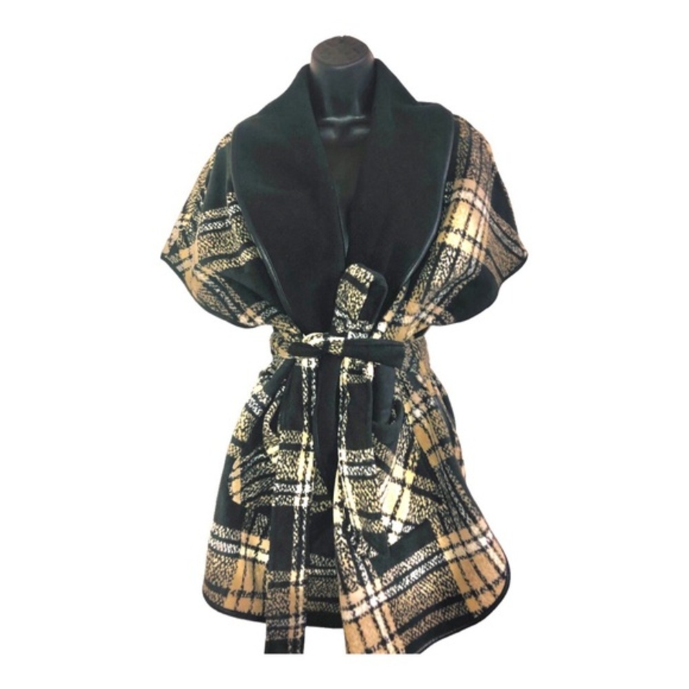 Rachel Roy plaid heavy knit sleeveless wide lapel belted coat size XL brand new